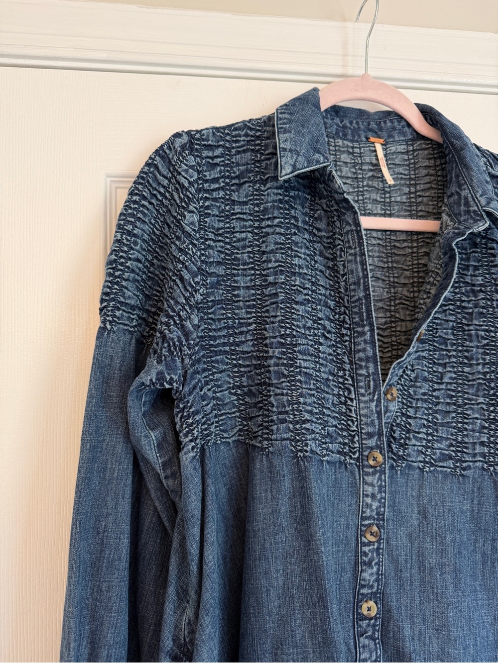 Free People Find Me Now Denim Mini Dress Smocked Babydoll Boho Blue S - Picture 4 of 6